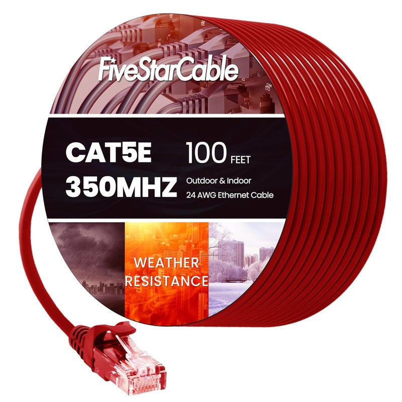 FiveStarCable كابل إيثرنت قصير بدون تشابك Cat 5e - 100 قدم، كابل شبكة إنترنت عالي السرعة، PoE، موصل RJ45، كابل باتش LAN جيجابت لجهاز التوجيه، المودم، الكمبيوتر، الألعاب، التلفاز الذكي، PS5، أحمر - Image 1